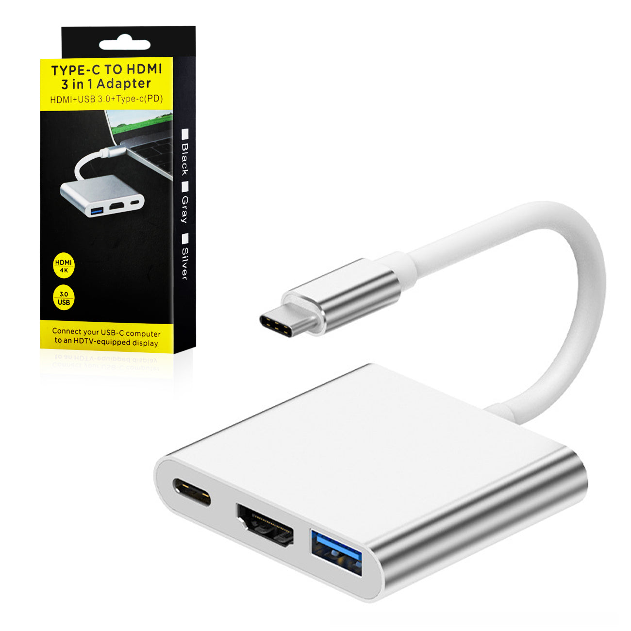 Type-C to HDMI 3 In 1 Adapter in Silver