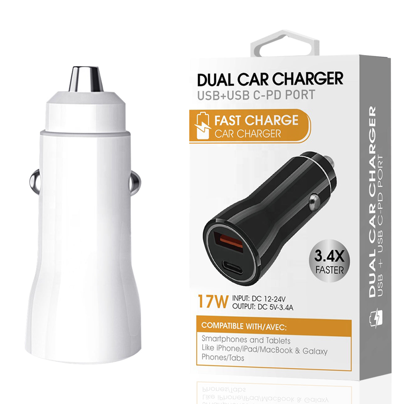 USB & USB-C PD port Dual Car charger in White