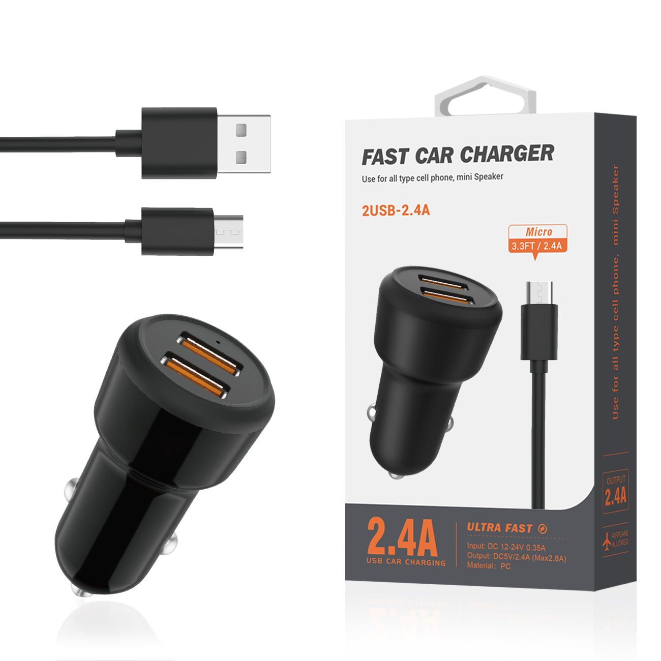 Reiko Micro Portable Car Charger With Built In 3 Ft Cable in Black