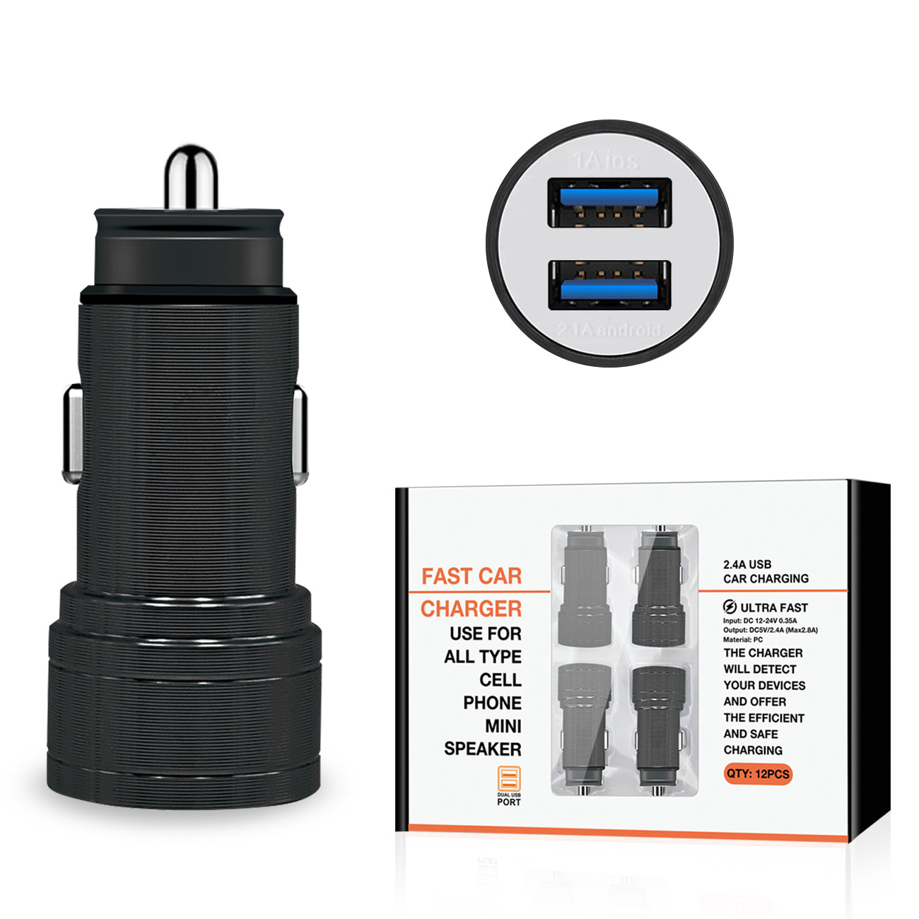 Dual Port USB Car Charger/ Adapter in Black (12pcs)