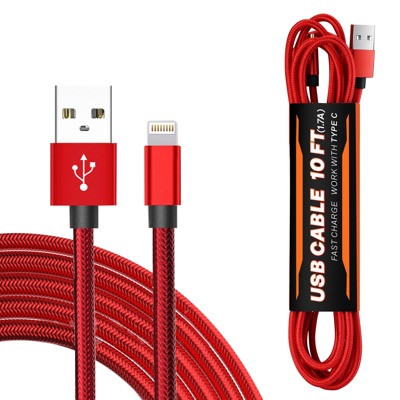 10FT USB Cable for IOS in Red