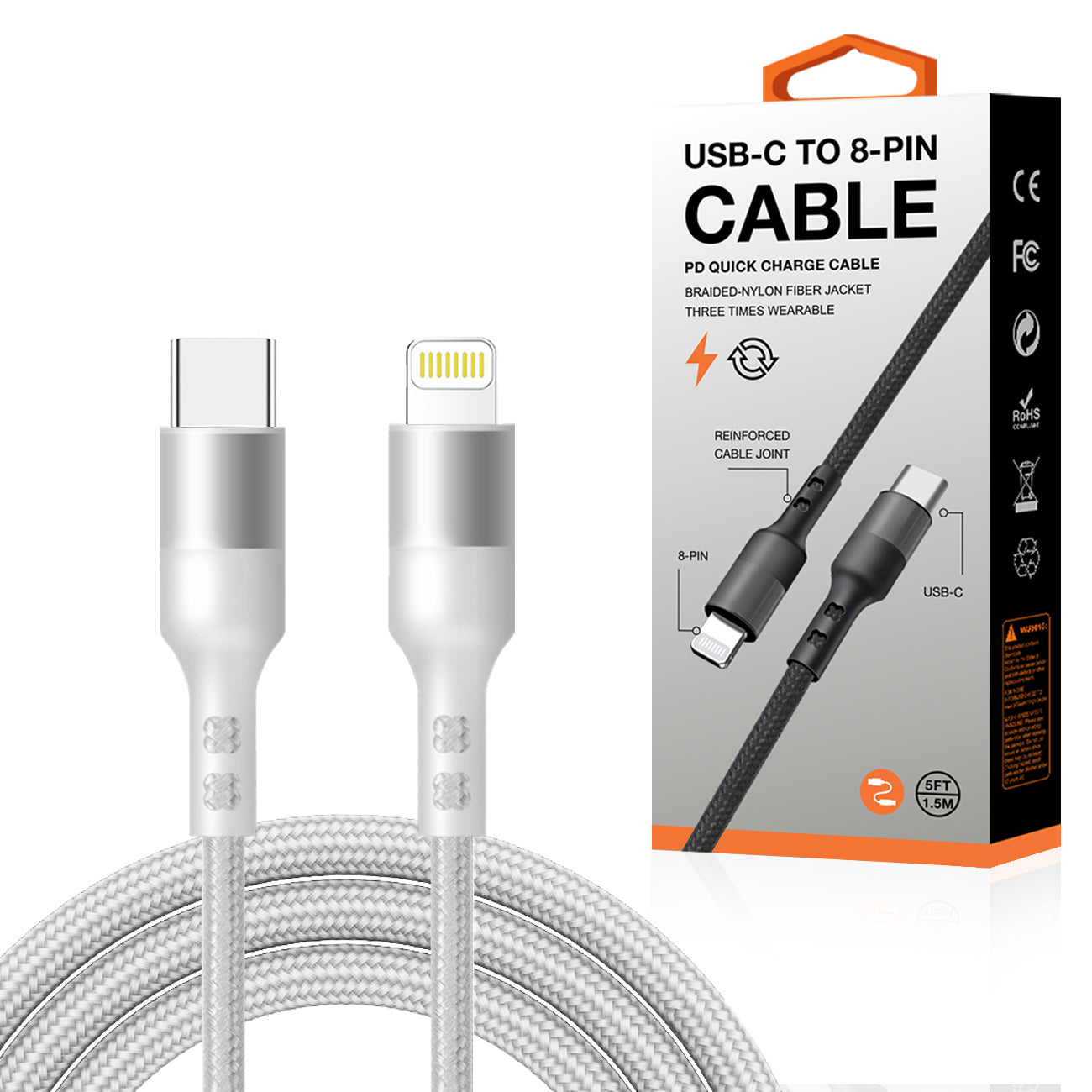 Power Delivery USB-C to 8-PIN Fast Charging & Sync Nylon-Braided 5FT Cable in Silver