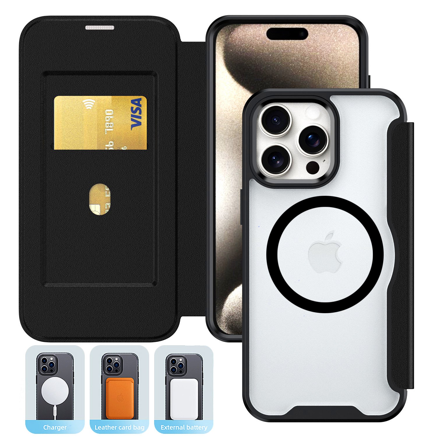 PU Leather Magnetic Flap Phone Case with Magsafe in Black For iPhone 16 Pro Max