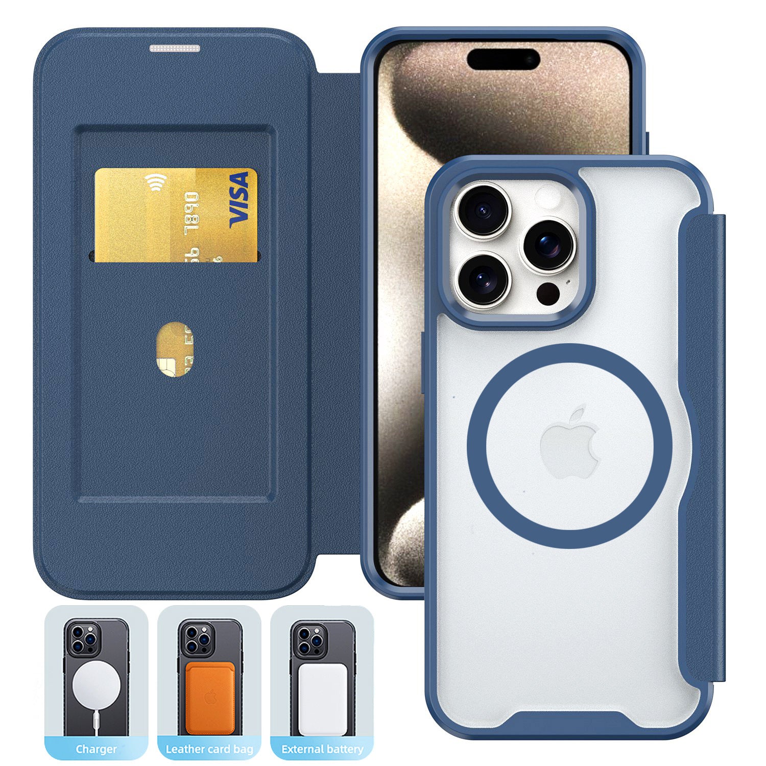 PU Leather Magnetic Flap Phone Case with Magsafe in Navy For iPhone 16 Plus