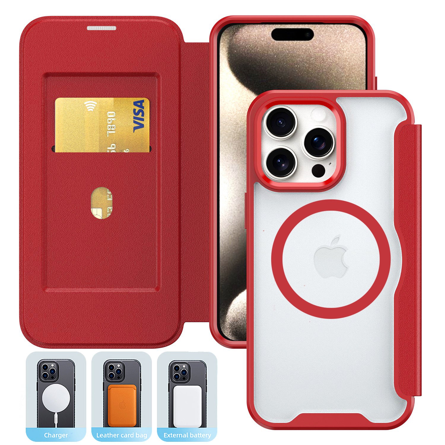 PU Leather Magnetic Flap Phone Case with Magsafe in Red For iPhone 16 Plus