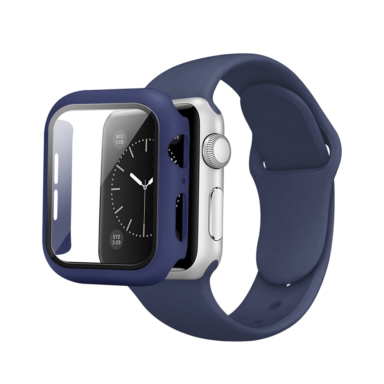 Navy Color PC Watch Case With Glass Screen Protector and Silicone Watch Band for Apple Watch 38mm