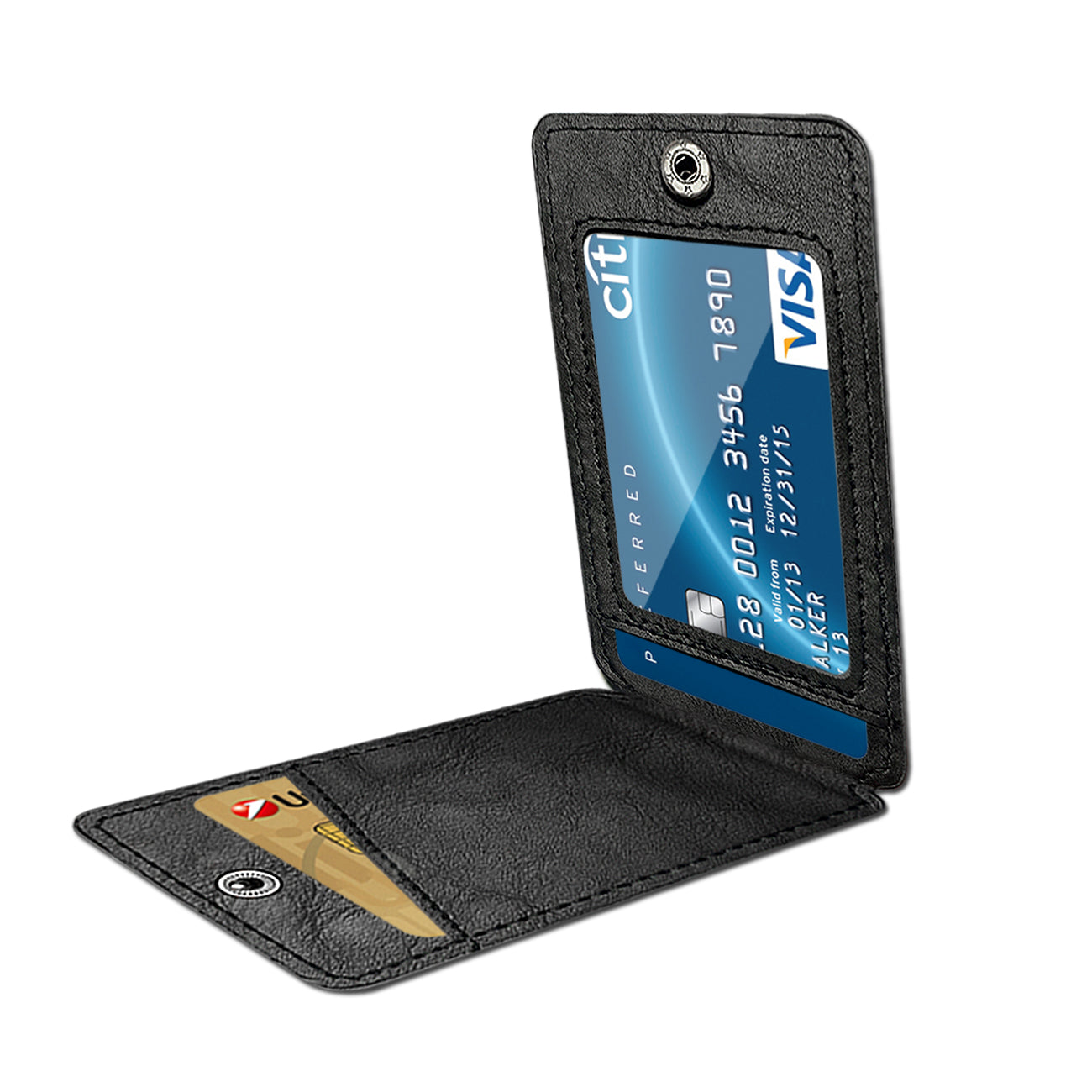 Leather Adhesive Foldable Pocket Card Holder with Two Slots in Black – view 3