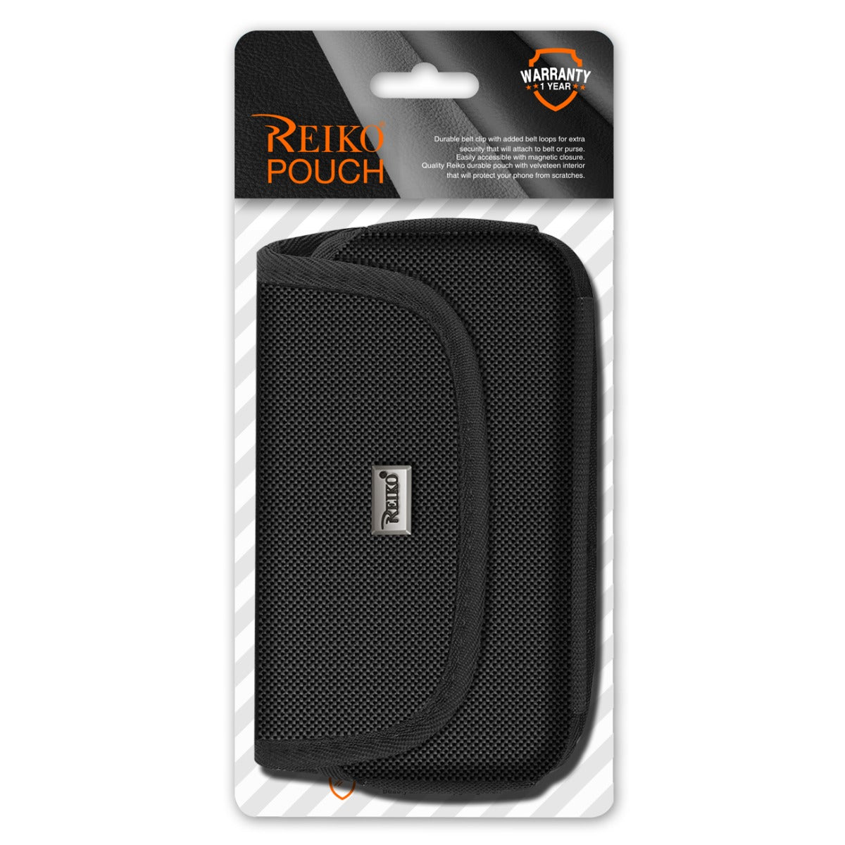 Reiko Horizontal Leather Pouch/Phone Holster With Magnetic Clasp And Metal Logo in Black