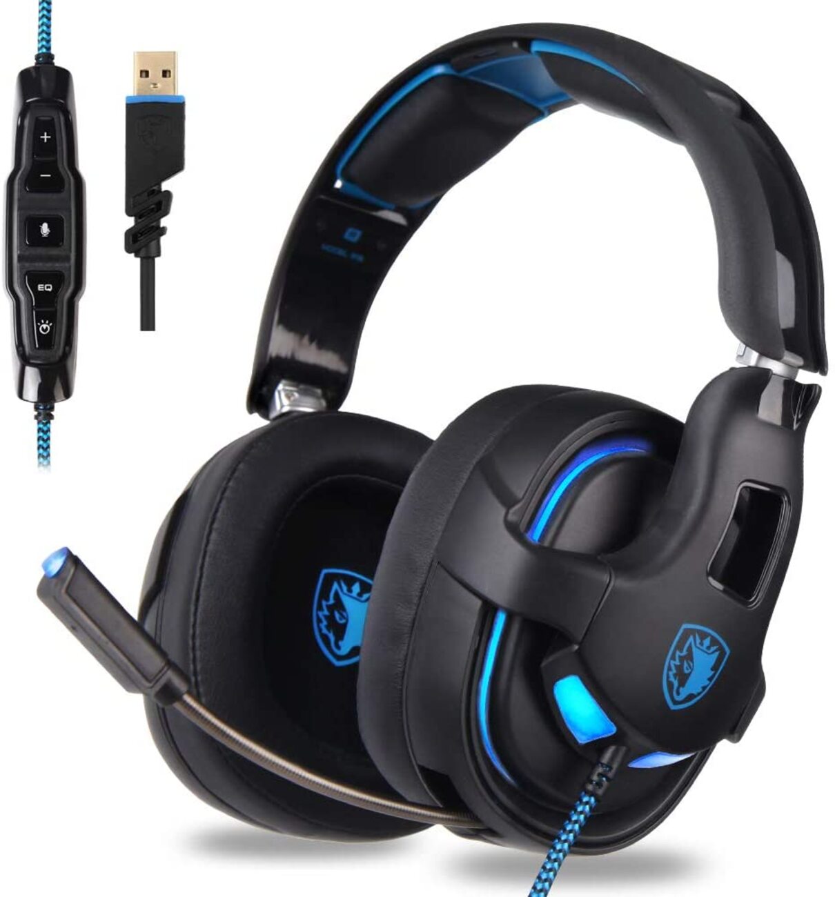 Gaming Headset USB Headset Stereo Over-Ear Gaming Headphones with Microphone EQ Bass Boost Button