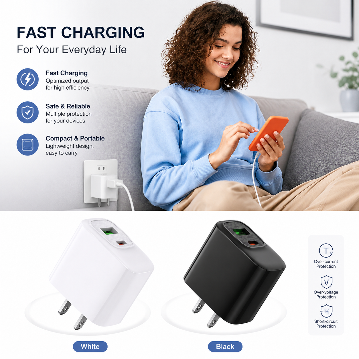 Fast charging18W 30W US power delivery Travel Charger with Type- C and USB A Ports In black – view 4