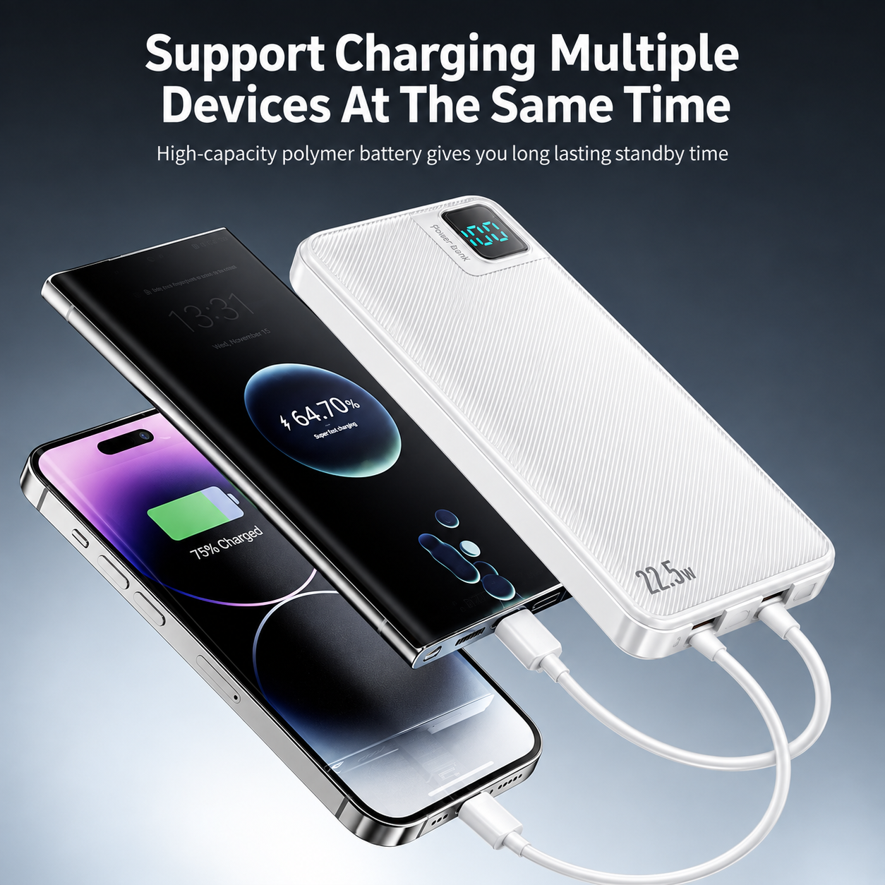 High quality 10000mAh Power Bank with digital display with Type-C/ IP cable for phones – view 3