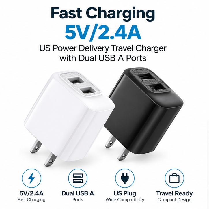 Fast charging 5V/2.4A US power delivery Travel Charger with Dual USB A Ports – view 2