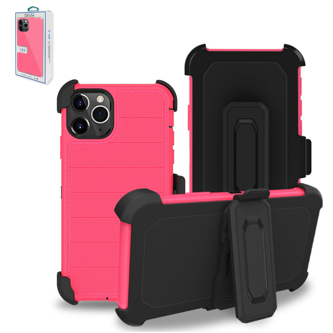 3-In-1 Hybrid Heavy Duty Holster Combo Case For iPhone 11 Pro Max in Hot Pink