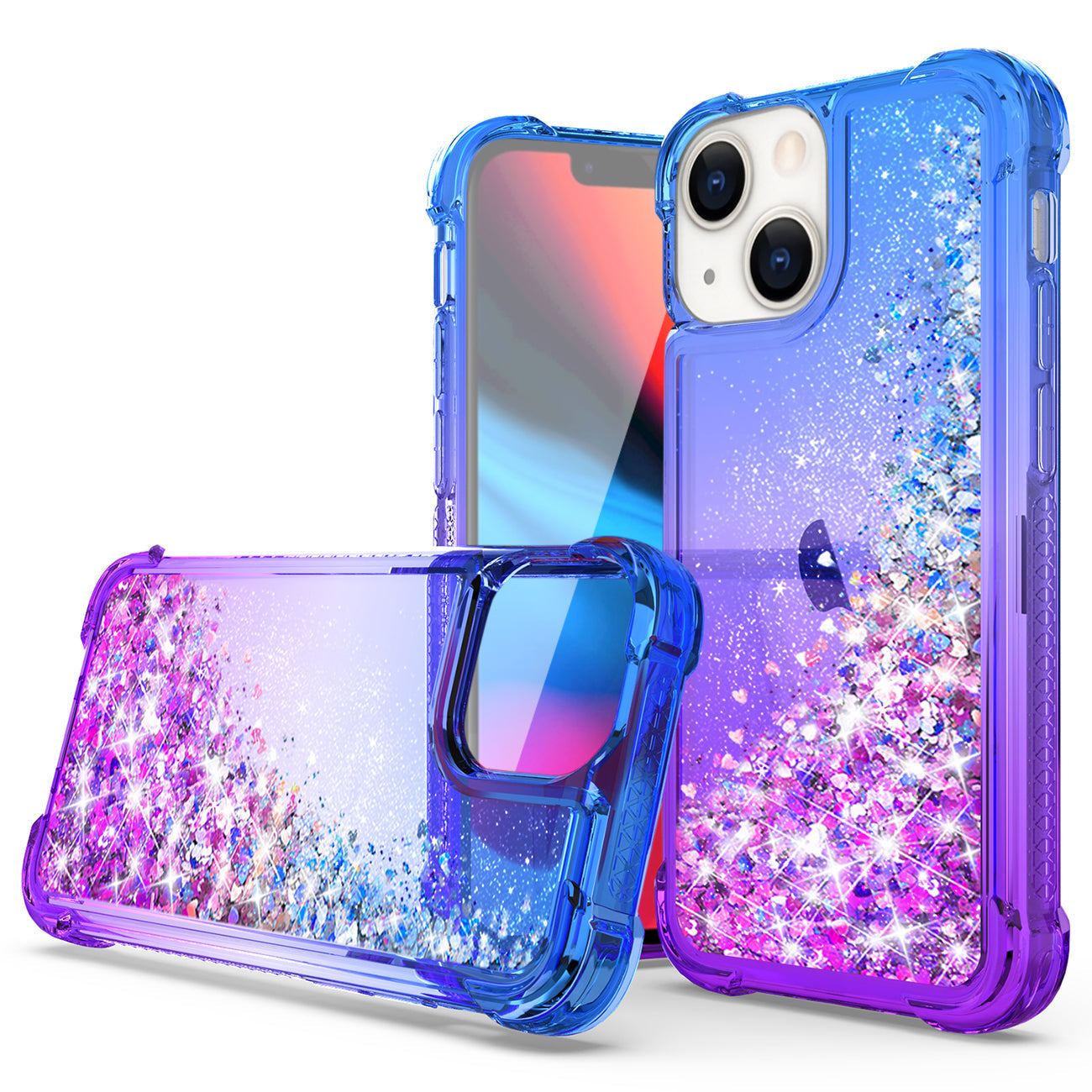 Shiny Flowing Glitter Liquid Bumper Case For iPhone 13 in Blue – view 2