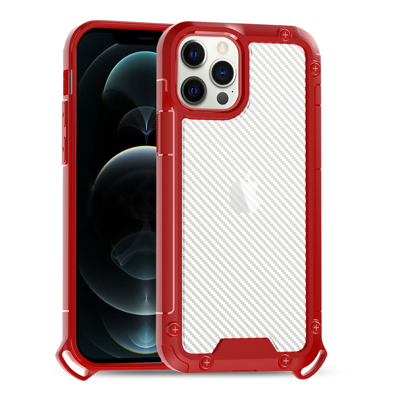 Reiko Shockproof PC Bumper Case With Carbon Fiber Pattern in Red For iPhone 12 / 12 Pro