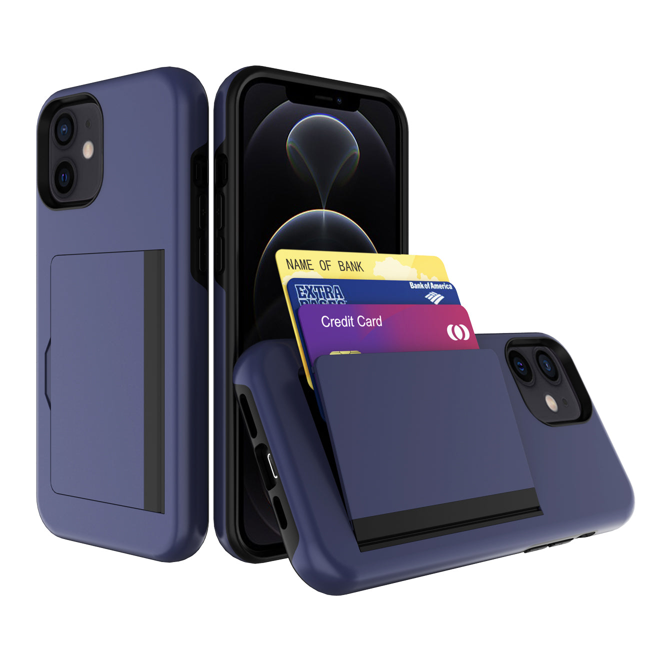 TPU PC Hybrid 2-in-1 Flip Card Holder Phone Case for Apple iPhone 12 Mini in Navy