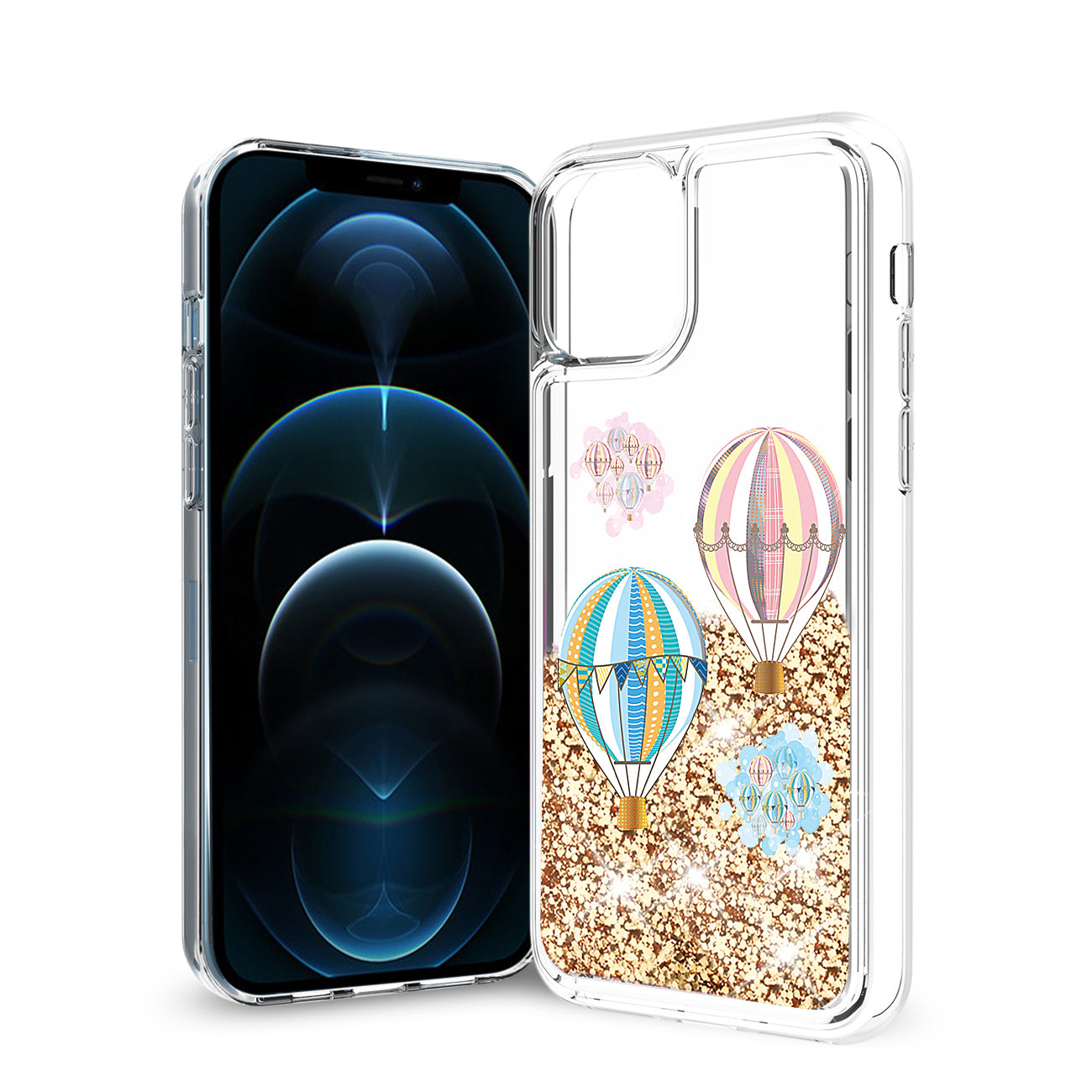 Reiko iPhone 12 / 12 Pro Glitter Case Moving Quicksand Gold Hot Air Balloons