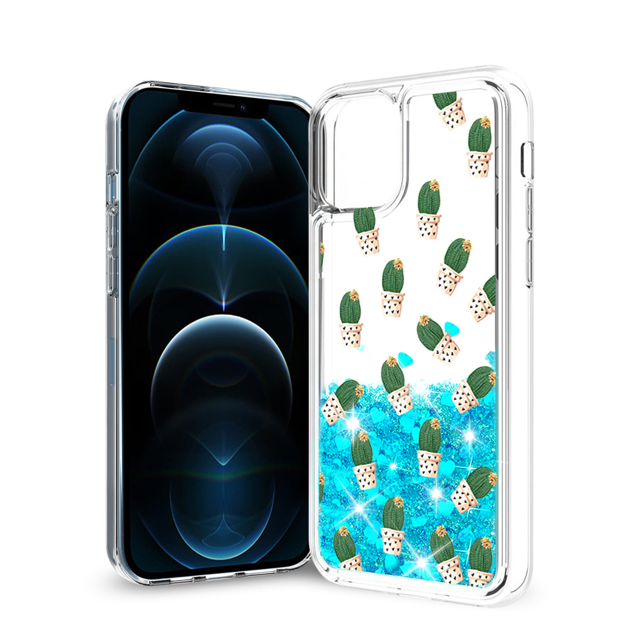Reiko iPhone 12 Pro Max Glitter Case Moving Quicksand Blue Cactus