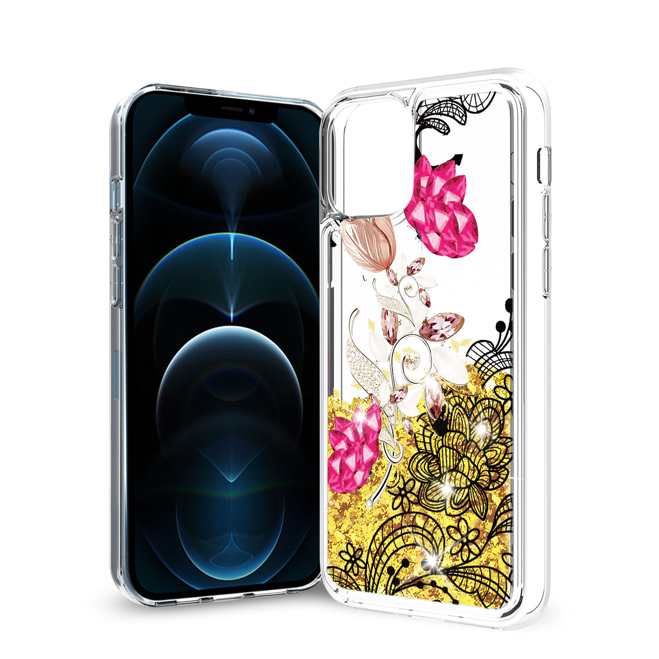 Reiko iPhone 12 / 12 Pro Glitter Case Moving Quicksand Yellow Floral