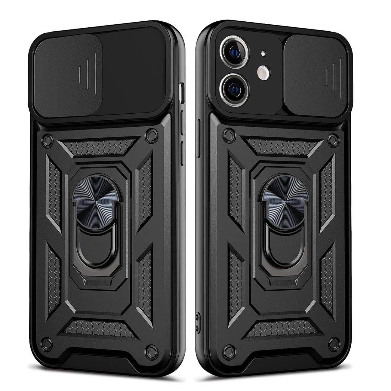 Kickstand Ring Holder with Slide Camera Cover TPU Shockproof Case and Magnetic Car Mount for iPhone 12/iPhone 12 Pro in Black