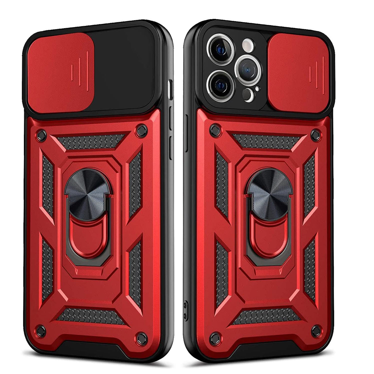 Kickstand Ring Holder with Slide Camera Cover TPU Shockproof Case and Magnetic Car Mount for iPhone 12 Pro Max in Red