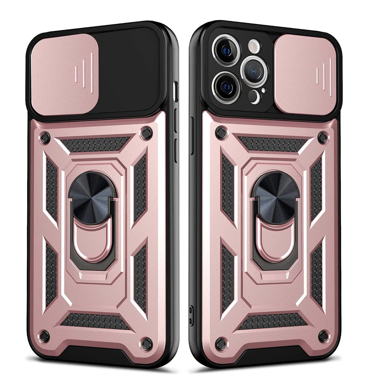 Kickstand Ring Holder with Slide Camera Cover TPU Shockproof Case and Magnetic Car Mount for iPhone 12/iPhone 12 Pro in Rose Gold