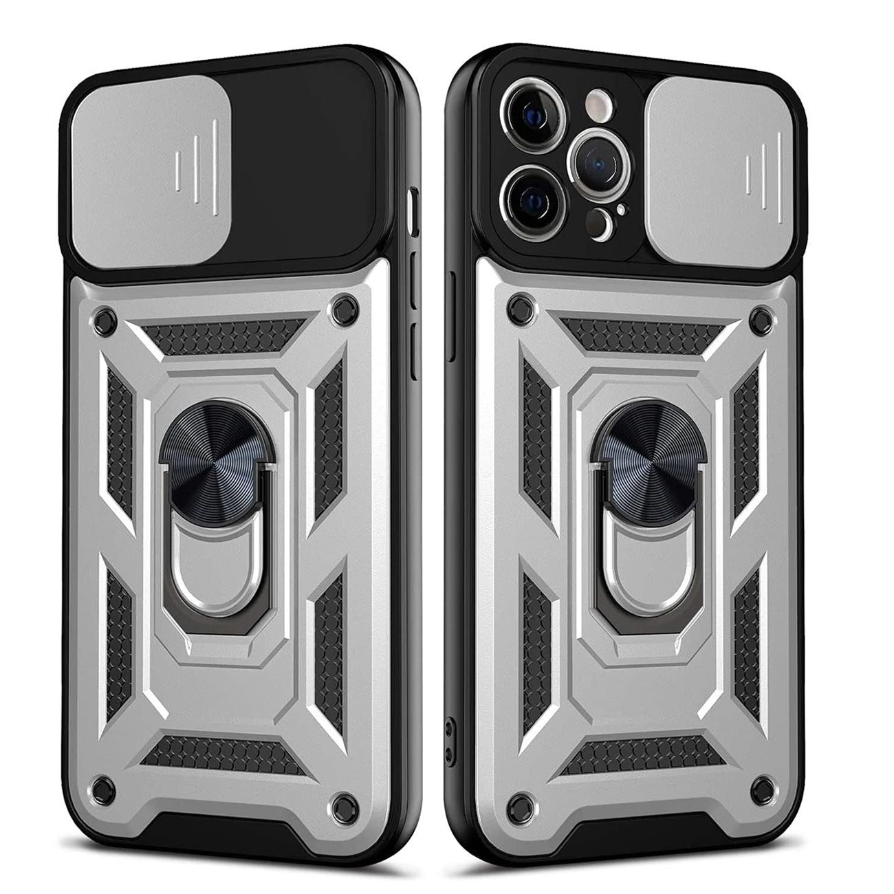 Kickstand Ring Holder with Slide Camera Cover TPU Shockproof Case and Magnetic Car Mount for iPhone 12/iPhone 12 Pro in Silver