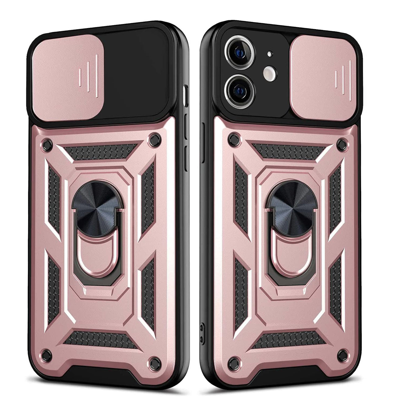 Kickstand Ring Holder with Slide Camera Cover TPU Shockproof Case and Magnetic Car Mount for iPhone 12/iPhone 12 Pro in Rose Gold