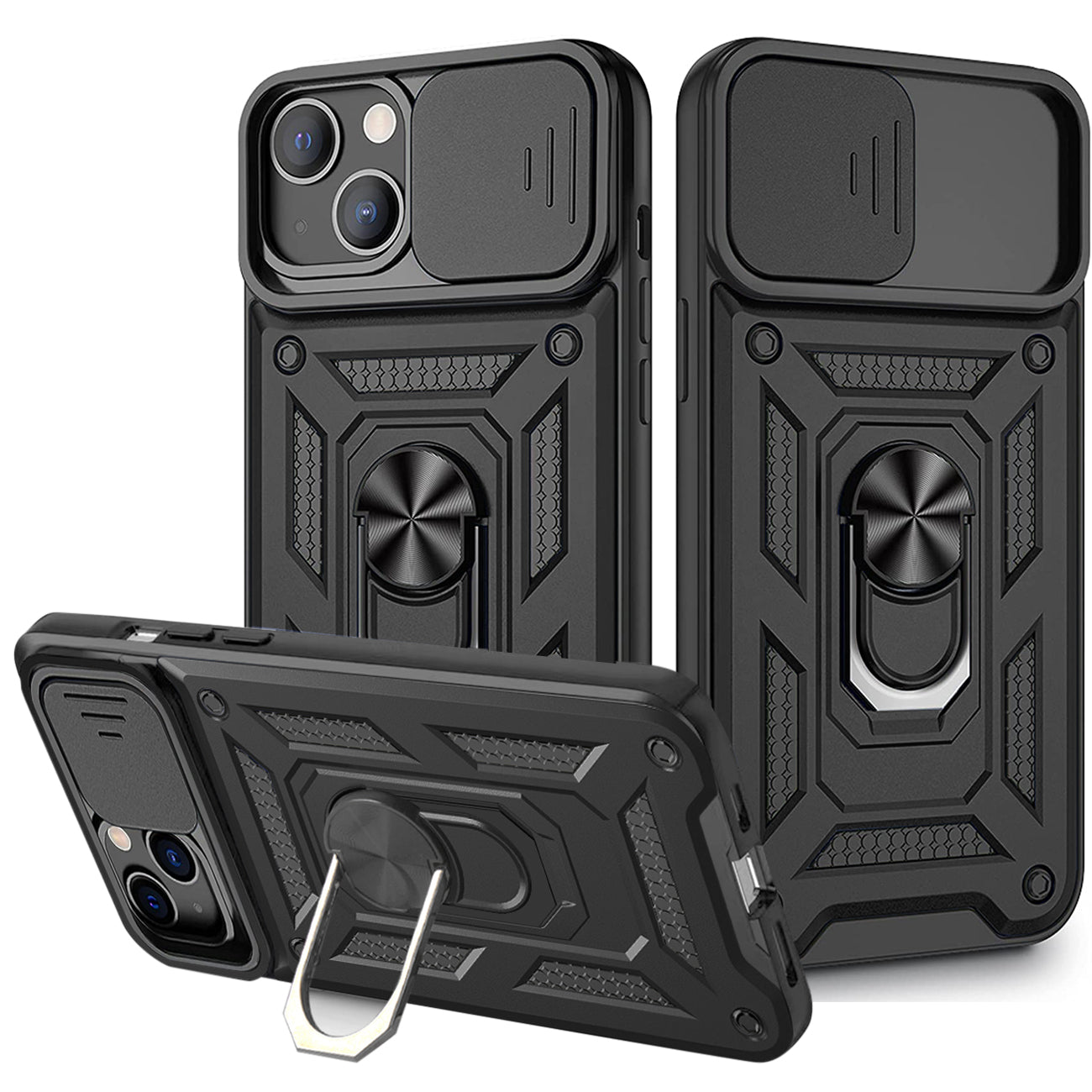 Kickstand Ring Holder & Slide Camera Cover Magnetic Car Mount for iPhone 13 MINI in Black