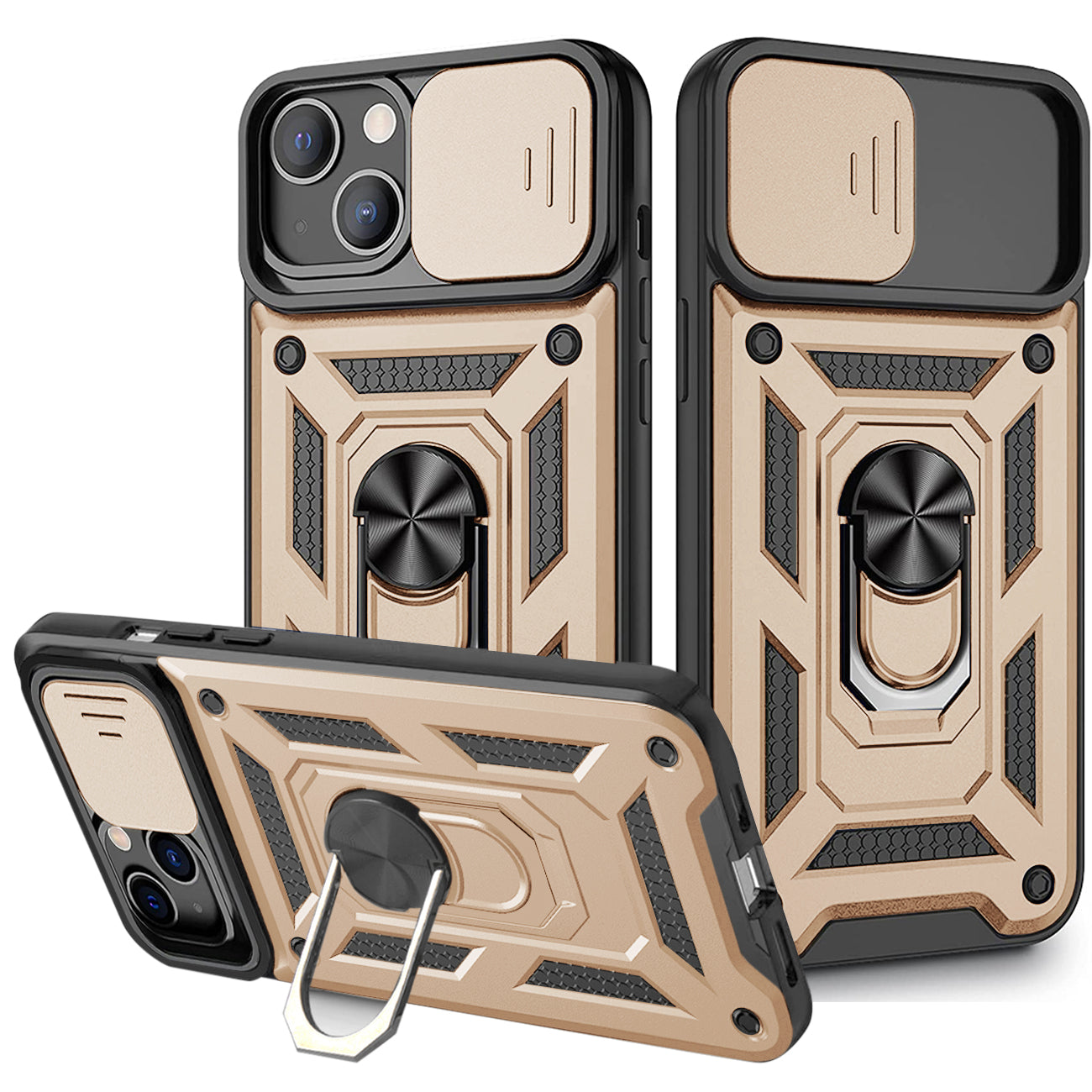 Kickstand Ring Holder & Slide Camera Cover Magnetic Car Mount for iPhone 13 MINI in Gold – view 2