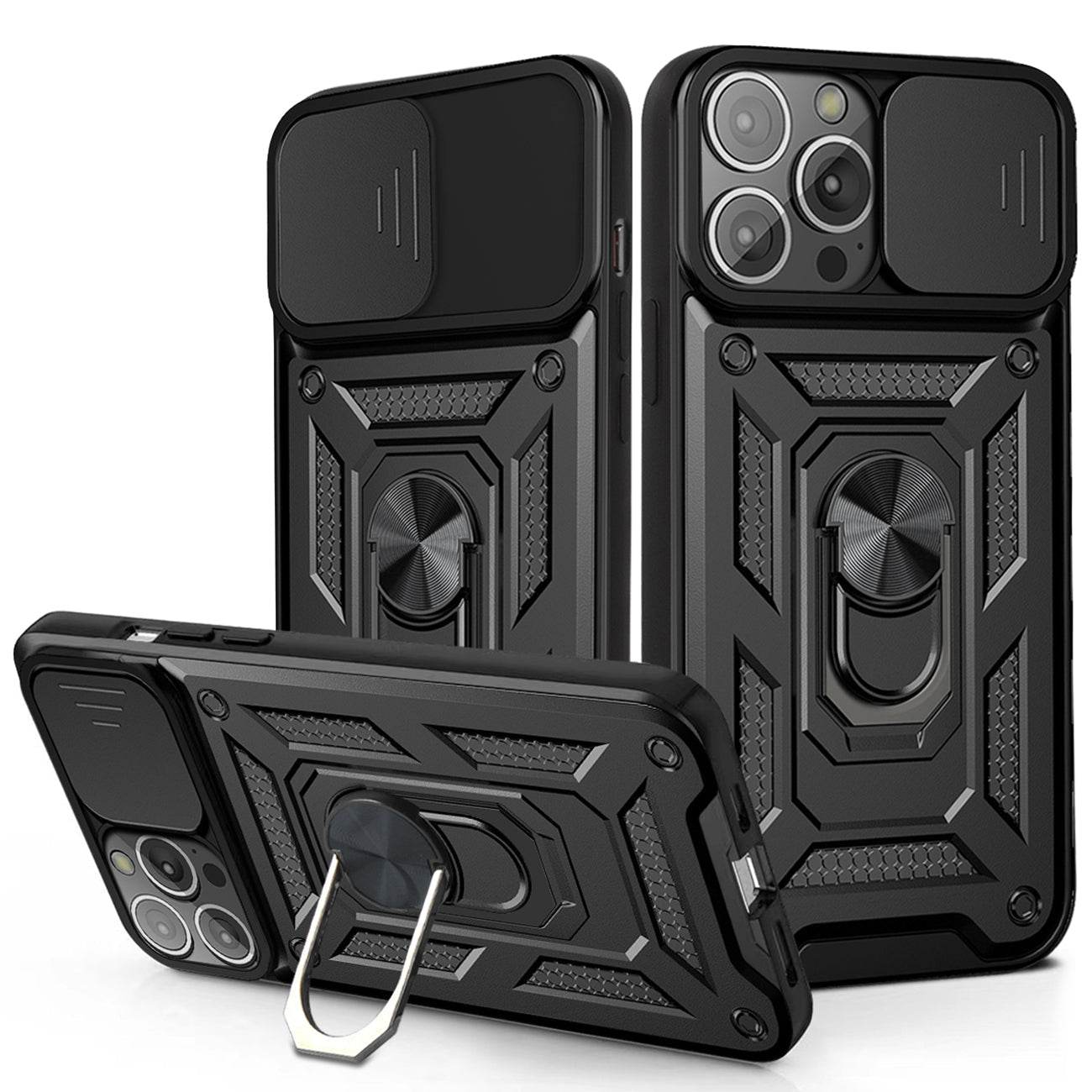 Kickstand Ring Holder & Slide Camera Cover Magnetic Car Mount for iPhone 13 Pro in Black – view 2