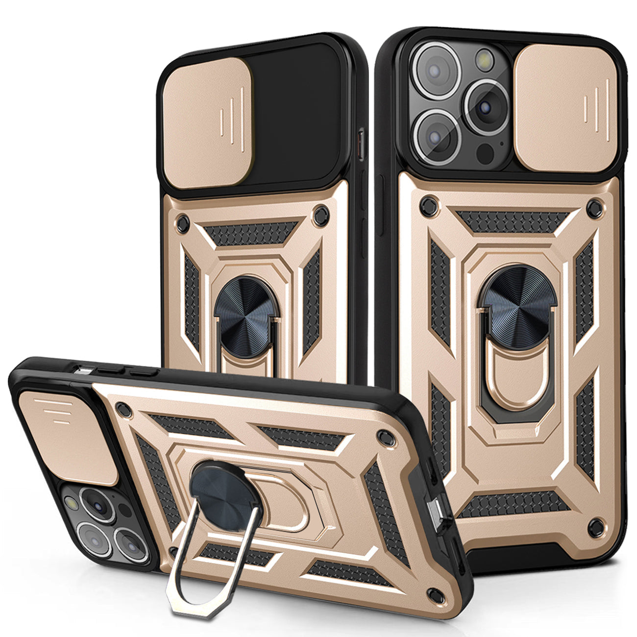 Kickstand Ring Holder with Slide Camera Cover TPU Magnetic Car Mount for iPhone 13 Pro in Gold – view 2