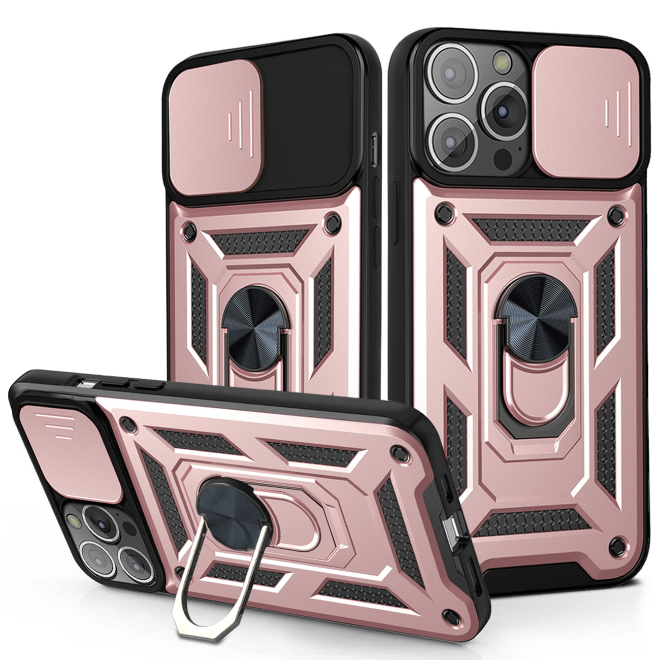 Kickstand Ring Holder & Slide Camera Cover Magnetic Car Mount for iPhone 13 Pro in Rose gold – view 2