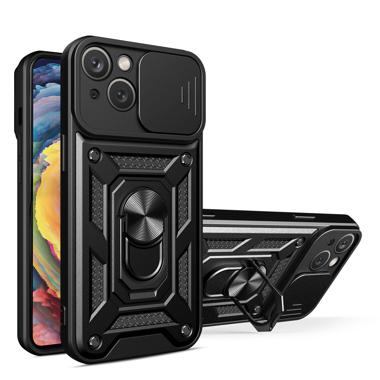 Kickstand Ring Holder with Slide Camera Cover TPU Magnetic Car Mount for iPhone 14 Plus in Black – view 2