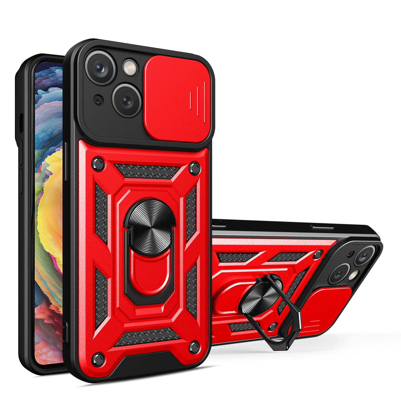 Kickstand Ring Holder with Slide Camera Cover TPU Magnetic Car Mount for iPhone 15 in Red – view 2