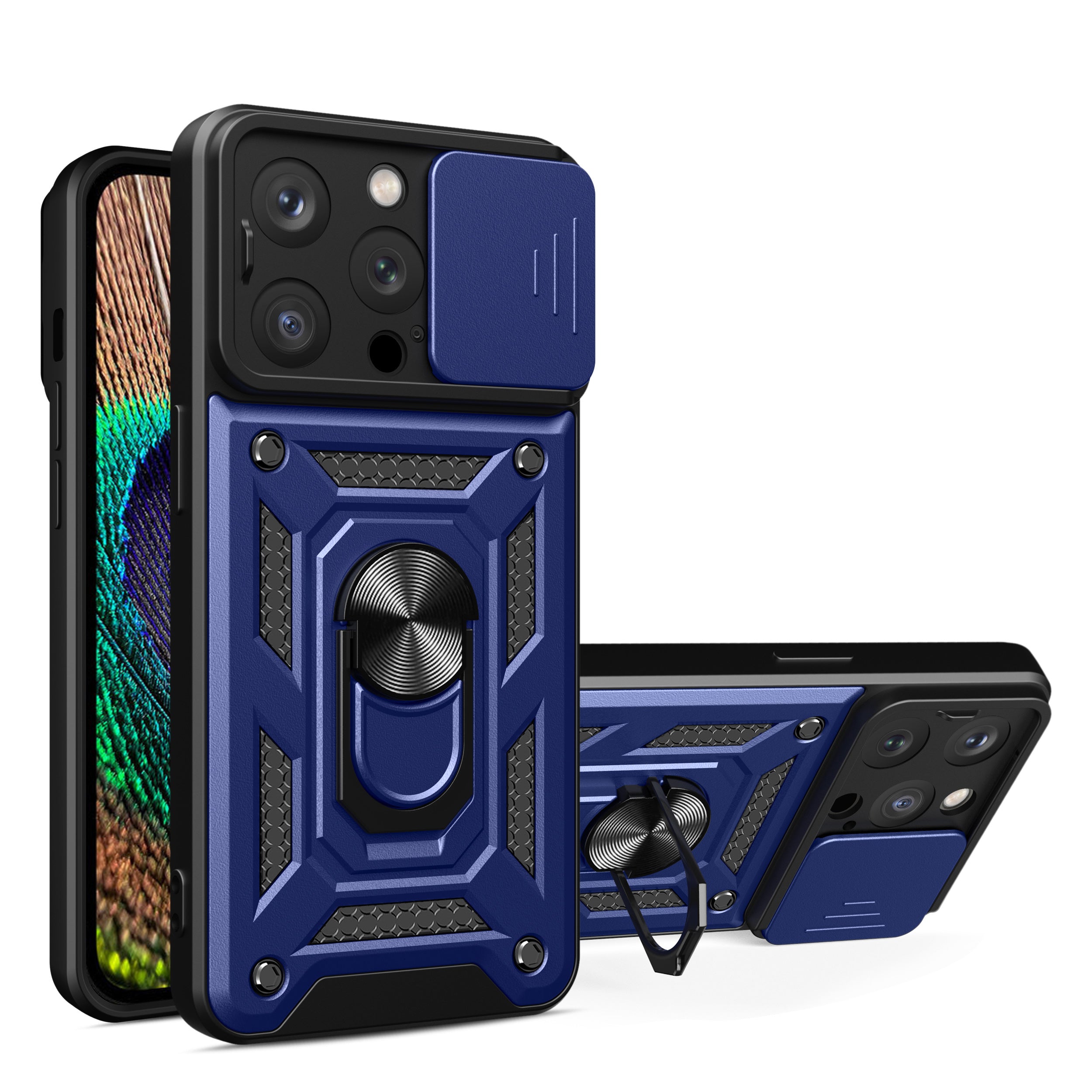 Kickstand Ring Holder with Slide Camera Cover TPU Magnetic Car Mount for iPhone 14 Pro in Blue