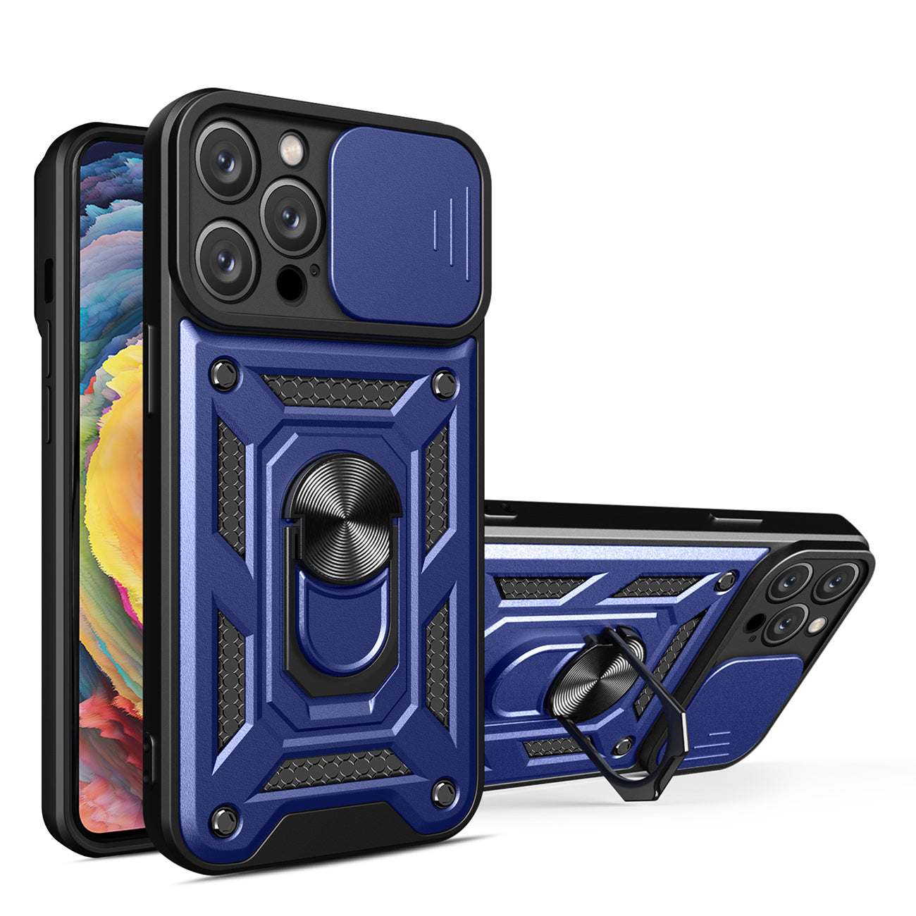 Kickstand Ring Holder with Slide Camera Cover TPU Magnetic Car Mount for iPhone 14 Pro Max in Blue