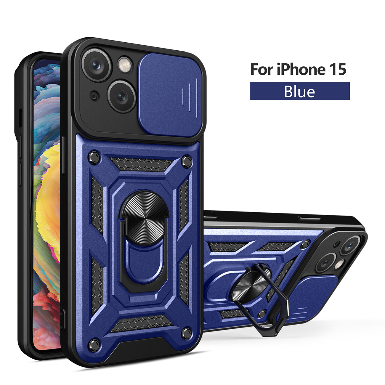 Kickstand Ring Holder with Slide Camera Cover TPU Magnetic Car Mount for iPhone 15 in Blue