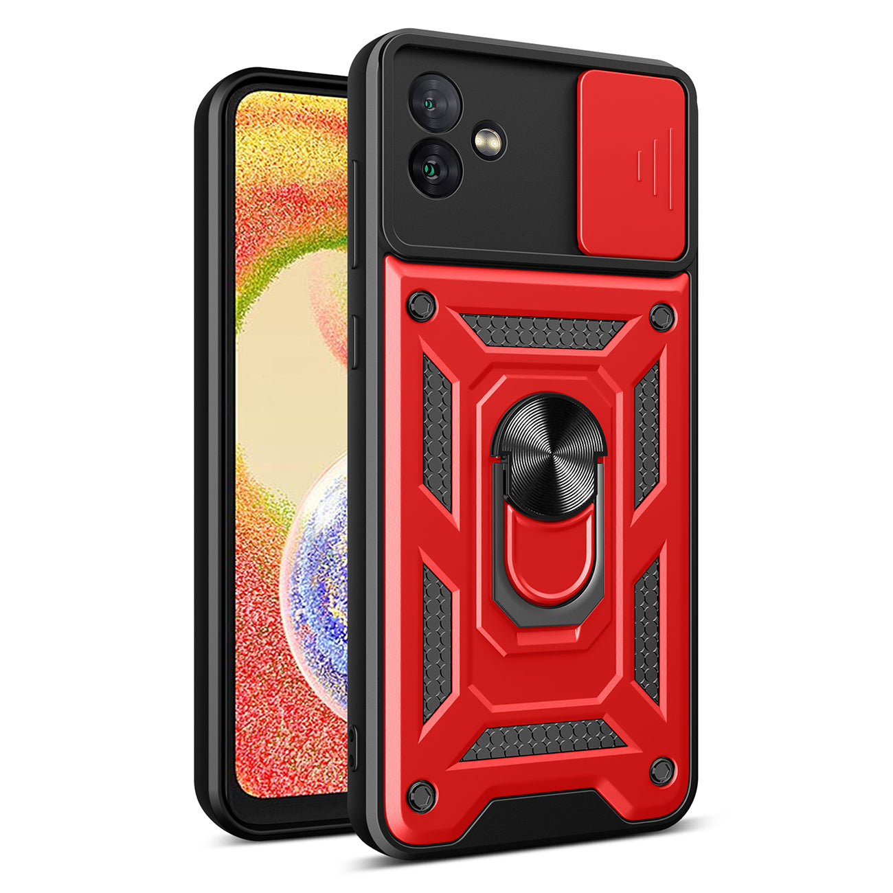 Kickstand Ring Holder with Slide Camera Cover TPU Magnetic Car Mount for Galaxy A04 in Red – view 2