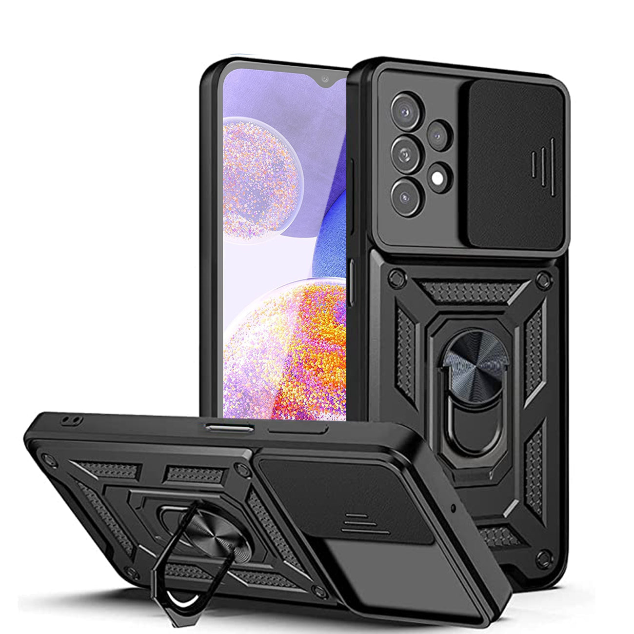 Kickstand Ring Holder with Slide Camera Cover TPU Shockproof Case and Magnetic Car Mount for Samsung Galaxy A23 in Black – view 2