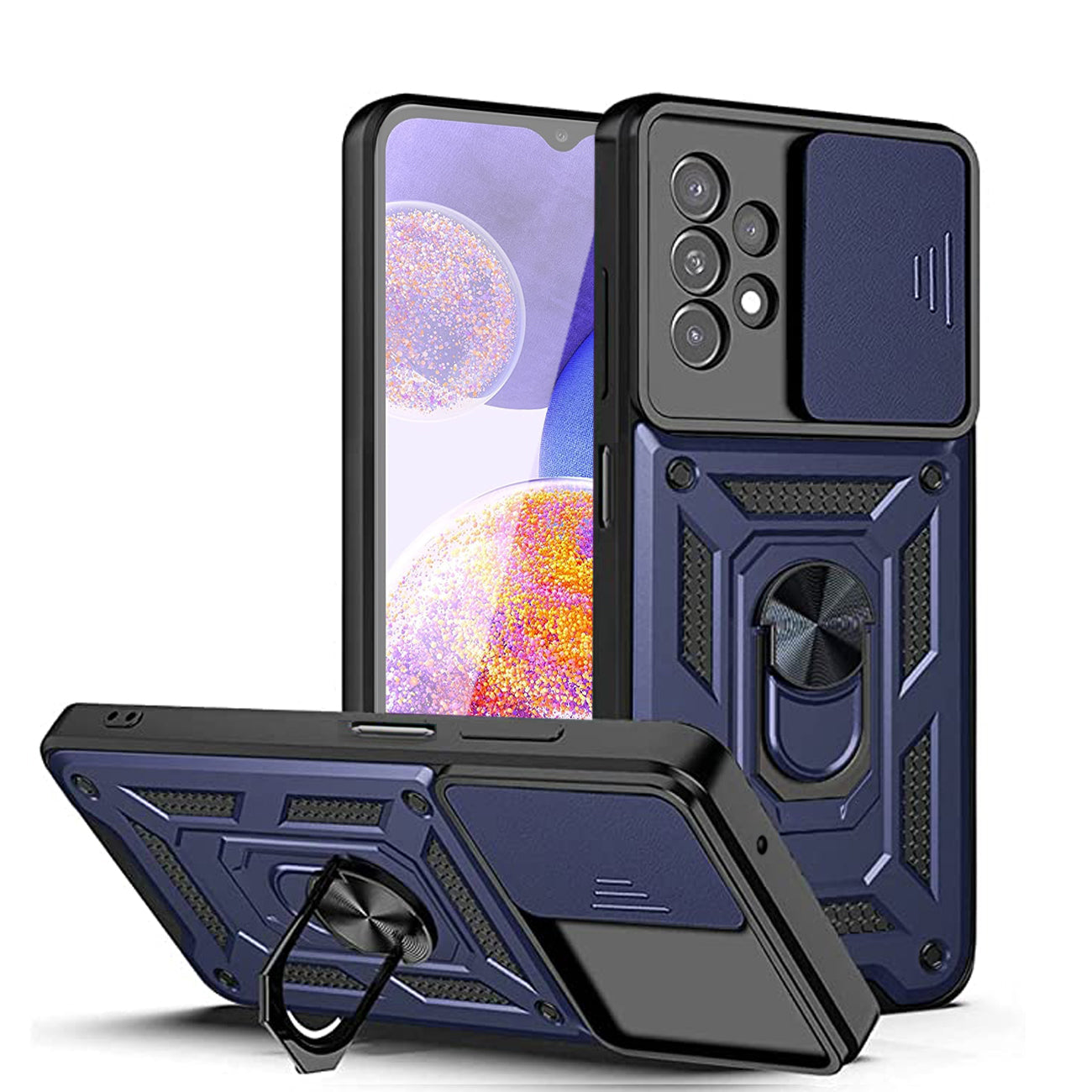 Kickstand Ring Holder with Slide Camera Cover TPU Shockproof Case and Magnetic Car Mount for Samsung Galaxy A23 in Blue – view 2