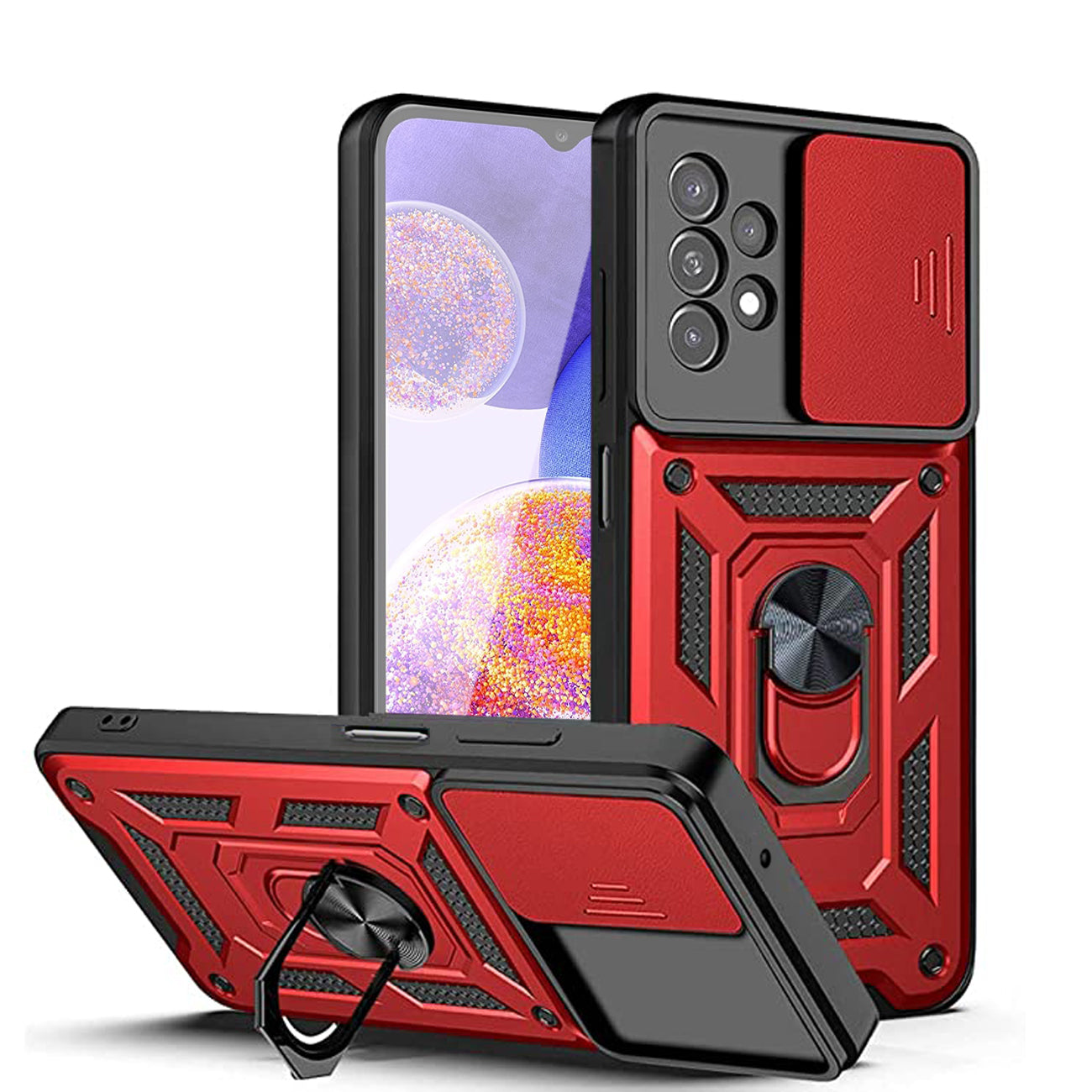 Kickstand Ring Holder with Slide Camera Cover TPU Shockproof Case and Magnetic Car Mount for Samsung Galaxy A23 in Red – view 2