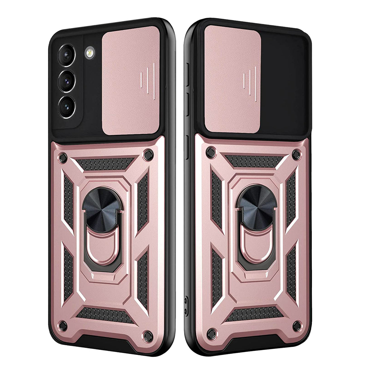 Kickstand Ring Holder with Slide Camera Cover TPU Shockproof Case and Magnetic Car Mount for Samsung Galaxy S21 FE in Rose Gold