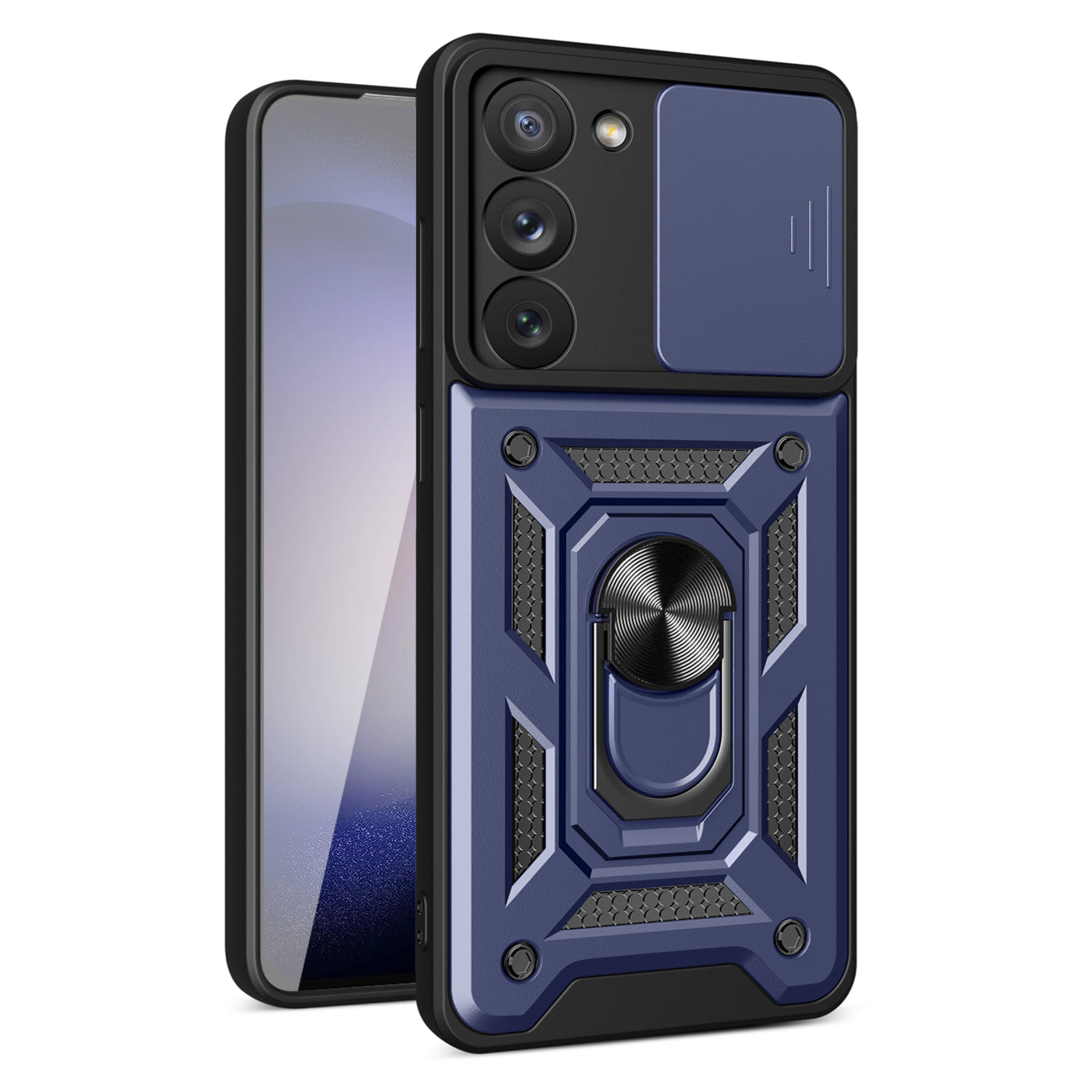 Kickstand Ring Holder with Slide Camera Cover TPU Magnetic Car Mount for Galaxy S23 in Blue