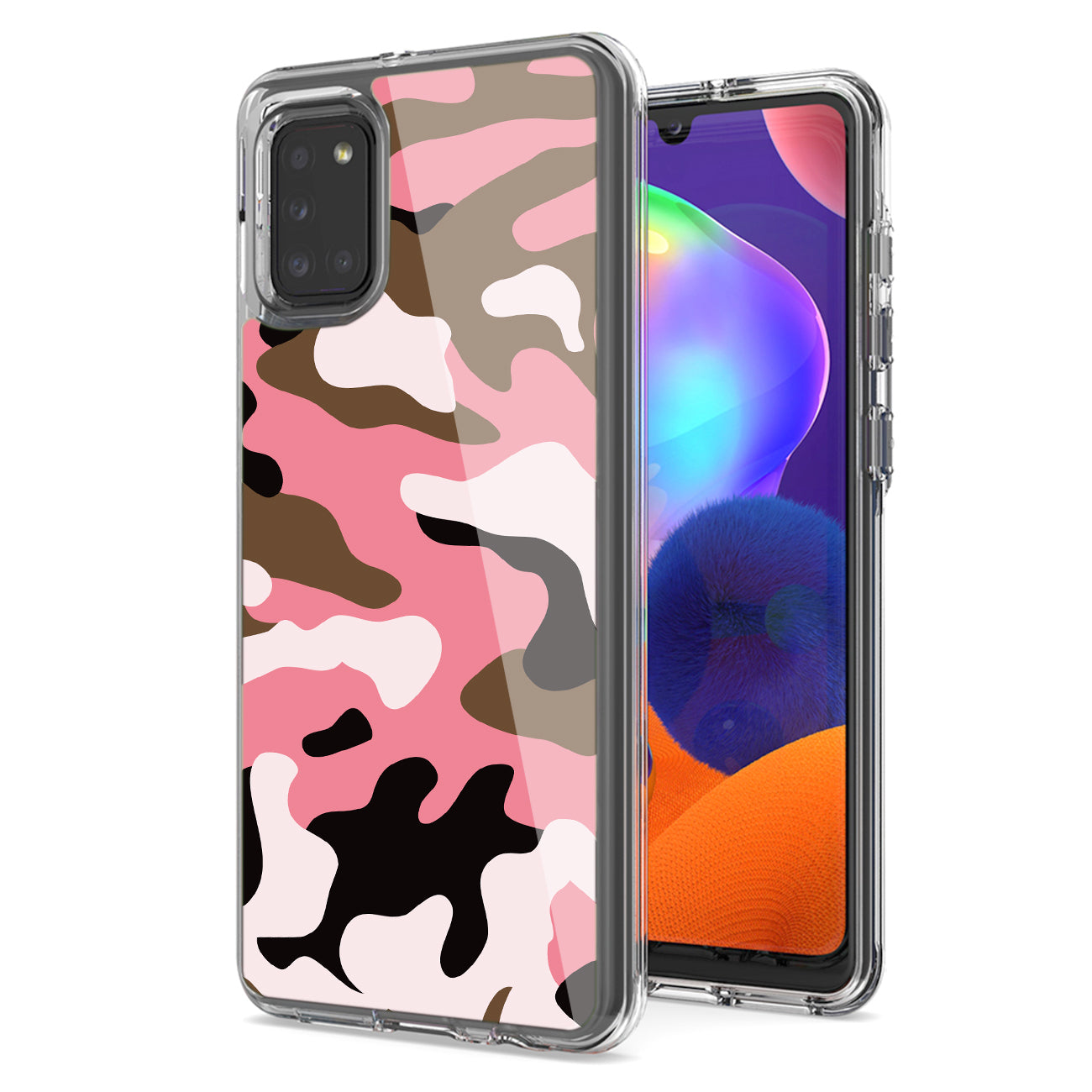 Camouflage Dual Layer Hybrid Hard Plastic and Soft TPU Rubber Case Cover for Samsung Galaxy A31 in Pink