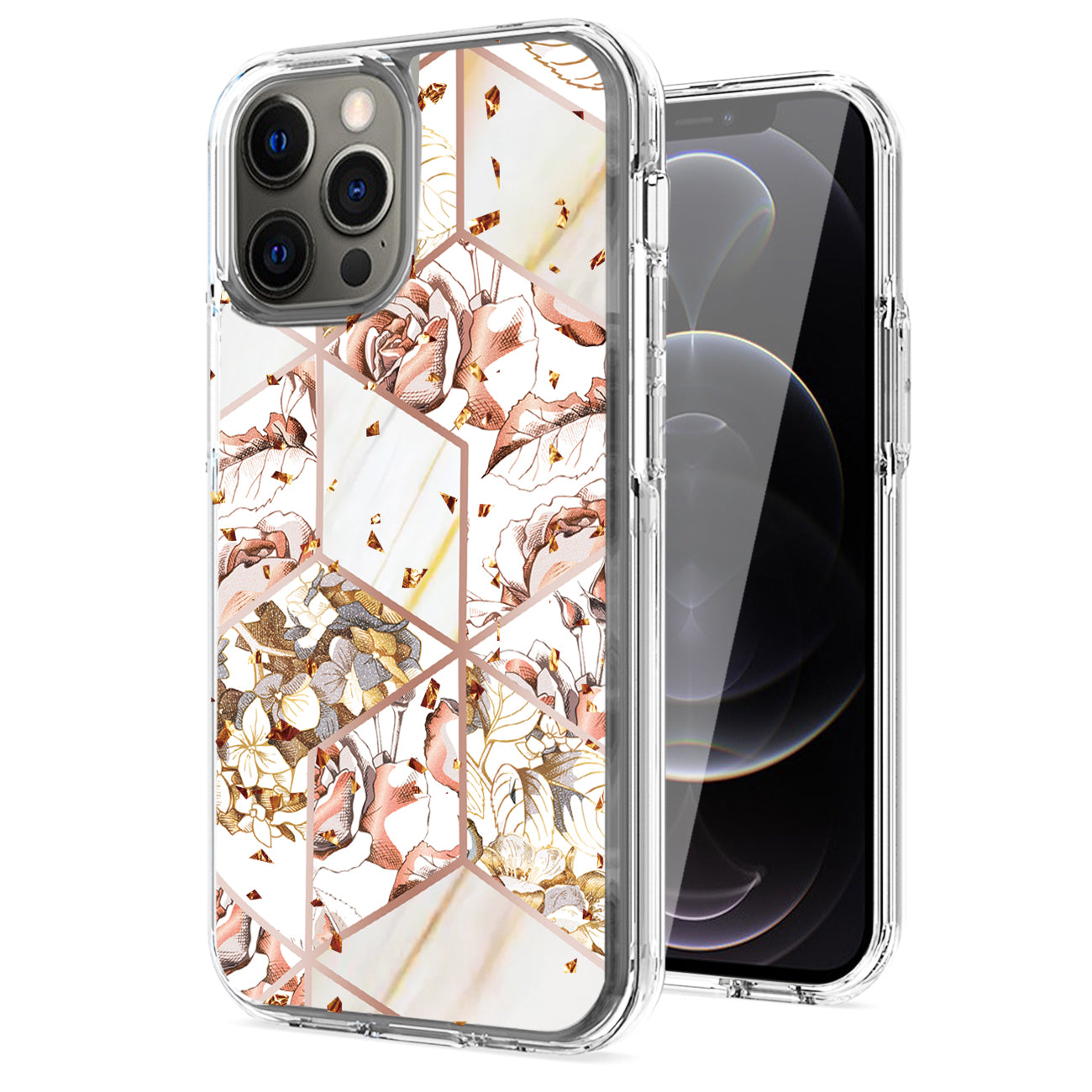 Flower Design Pattern Printing Dual Layer Hybrid Hard Plastic and Soft TPU Rubber Case Cover for iPhone 12 Pro Max in White Base Flower