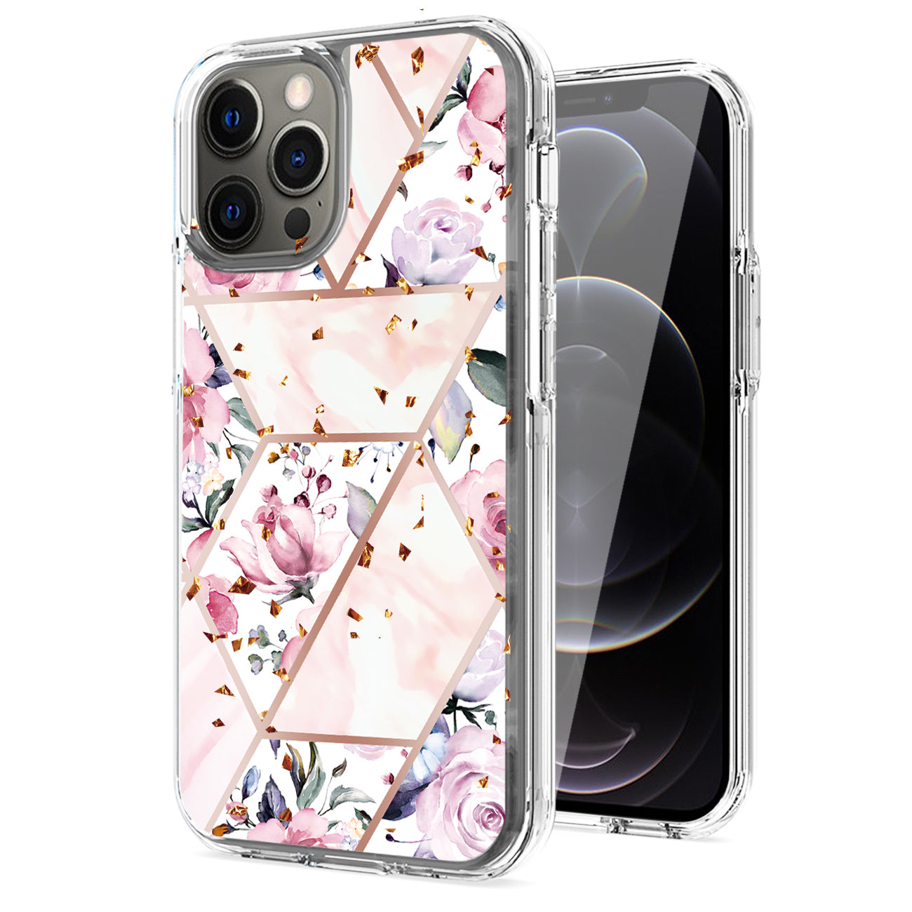 Flower Design Pattern Printing Dual Layer Hybrid Hard Plastic and Soft TPU Rubber Case Cover for iPhone 12 Pro Max in Pink Base Flower