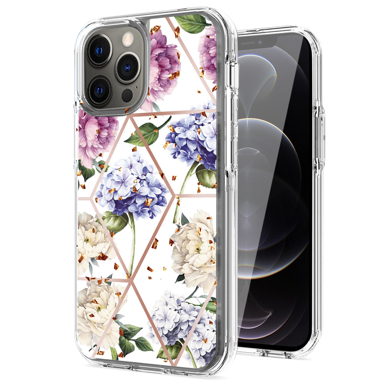 Flower Design Pattern Printing Dual Layer Hybrid Hard Plastic and Soft TPU Rubber Case Cover for iPhone 12 Pro Max in Light Purple Base Flower