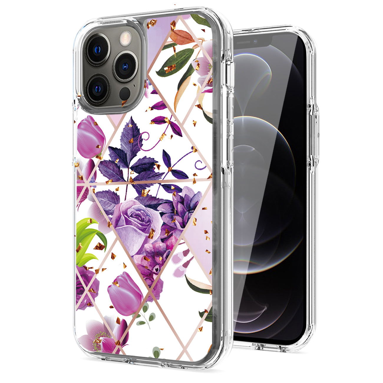 Flower Design Pattern Printing Dual Layer Hybrid Hard Plastic and Soft TPU Rubber Case Cover for iPhone 12 Pro Max in Purple Base Flower