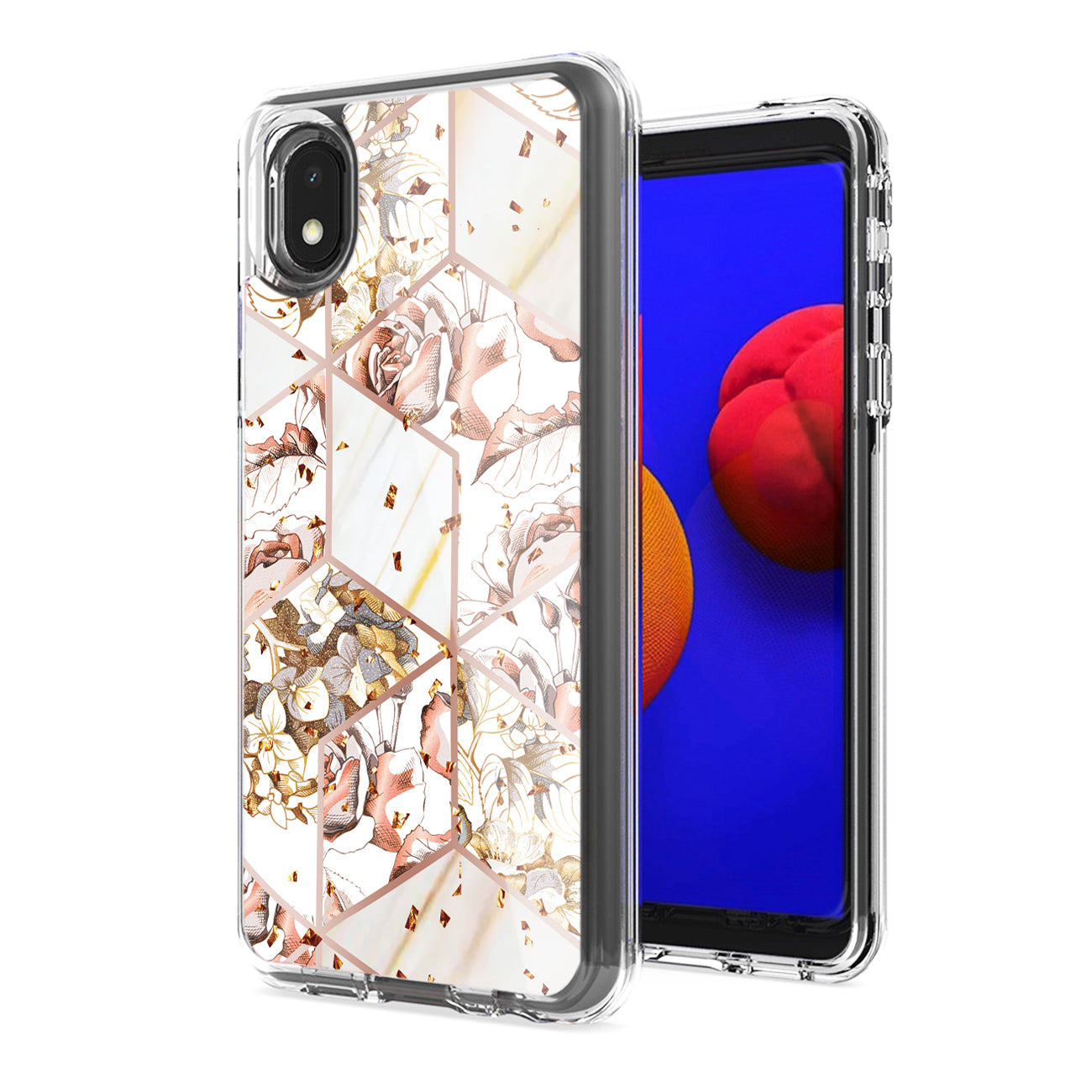 Flower Design Pattern Printing Dual Layer Hybrid Hard Plastic and Soft TPU Rubber Case Cover for Samsung Galaxy A01 CORE in White Base Flower